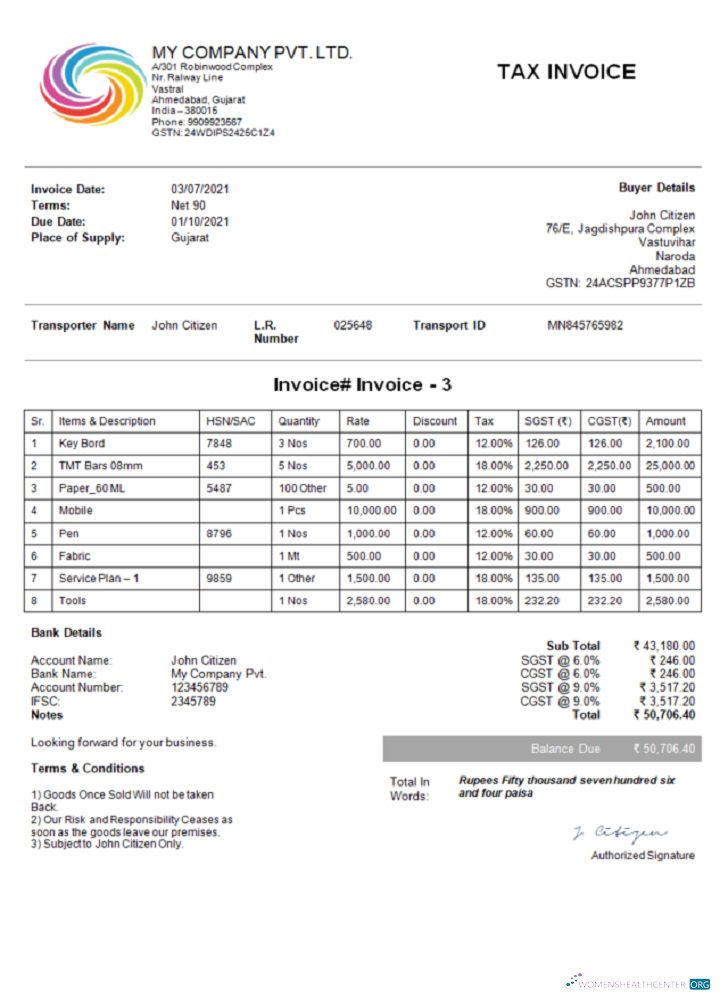 Download India My Company Pvt Ltd invoice Photoshop template